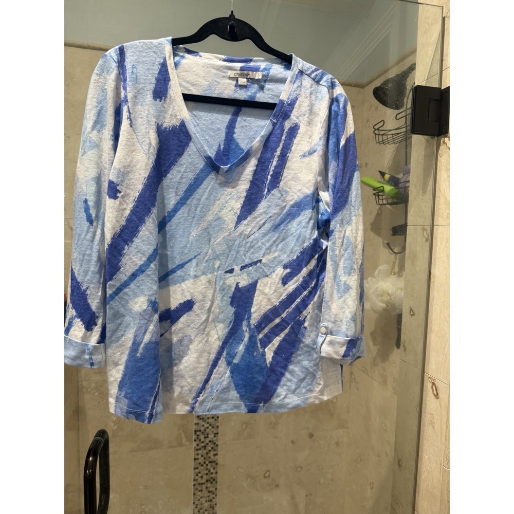 Chico's Linen Blue Splash Print 3/4 Sleeve V-Neck Top Size 2 L